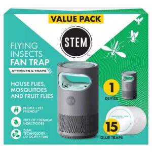 STEM Flying Insect Fan Trap, Dual Attraction UV Light and Quiet Fan, Indoor Pest Control, Portable with 15 Replaceable Glue Traps